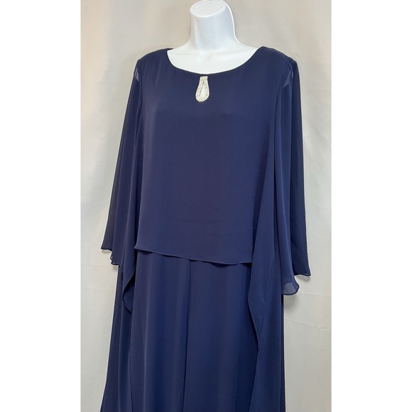 Marina Chiffon Jumpsuit: Embellished Keyhole, Boat Neck, 3/4 Sleeves, Sz 14 Blue - Picture 2 of 16